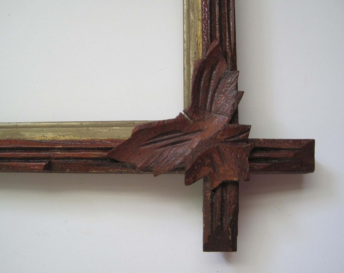Antique Wood Frame, Carved Corner Leaves, Corssed Corners, Gold Inner