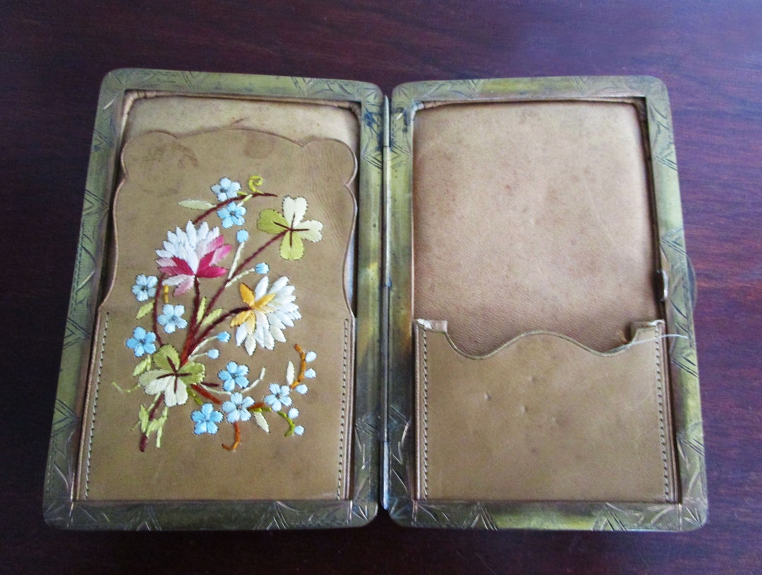 Antique Calling Card Gold Case Victorian Card Holder Silk Embroidery