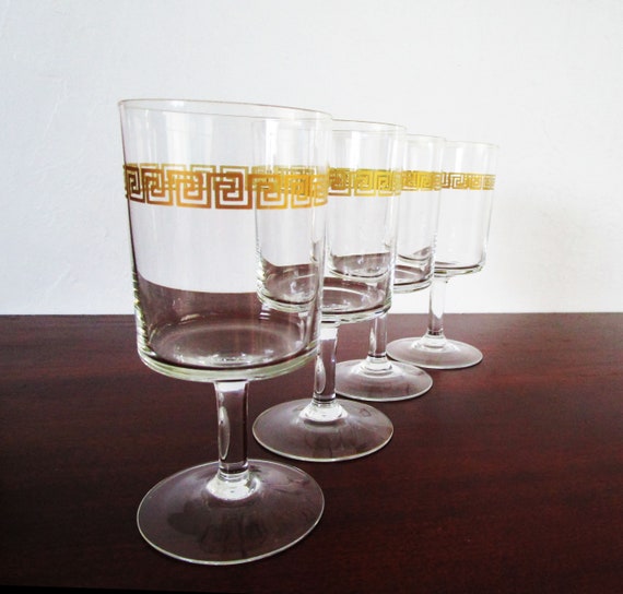 Vintage Greek key detailed white wine glasses gold trim Italy never be