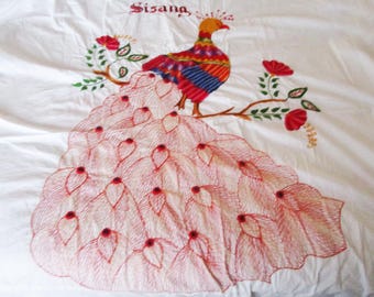 Embroidered Peacock Tablecloth with Sisang Word Lavish Multi Colored 78x70 inch Rectangle All White Cotton Background Flowers