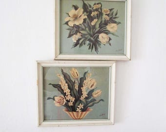 2 DeJonge Art Deco Prints Air Brushed Vintage 1940s Pale Green BG and White Flower Arrangements 10x12"  Framed