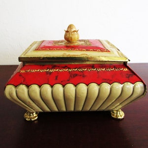Vintage Tin Box by Bluebird Red Gold England Embossed Candy Tin Bookcase Office Decor