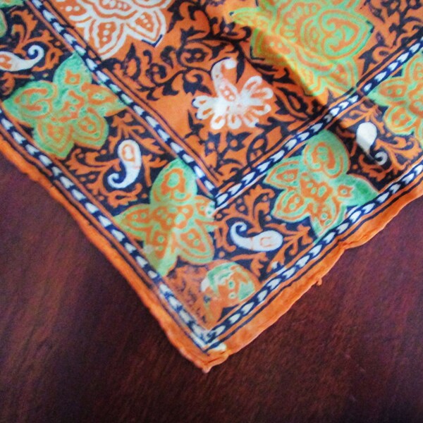 Vintage Silk Scarf 1960s Hippie Orange Geen Floral Motif 21x20" Block Print Hand Hemmed