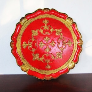 Rotes Florentiner Tablett Rund 13 Zoll Boho Midcentury Holzmarke Gestempelt Made in Italy