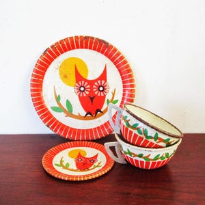 Child Tea Set Orange Owl on Branch Yellow Moon Vintage Metal Pretend Play