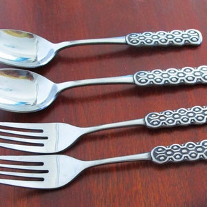 LANCELOT Stanley Roberts MCM Stainless Spoons Forks 4 Pcs Brutalist Japan Textured Handle