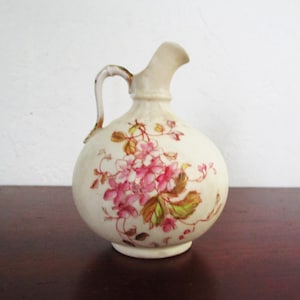 Antique Small Pitcher German Porcelain White with Pink Flowers Gold Accents 5 inches