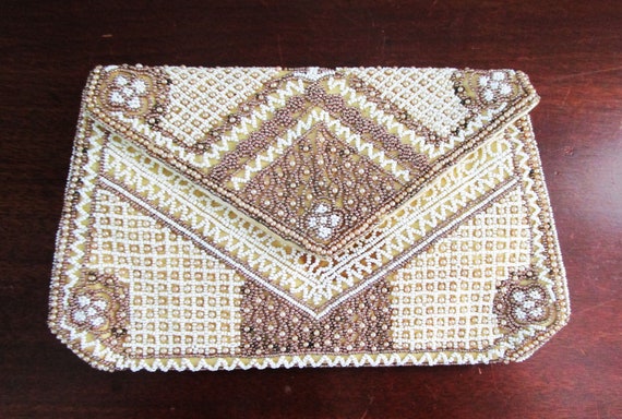 Small Vintage 1930s Beaded Clutch Purse, Evening Bag Beads & Faux Pearls