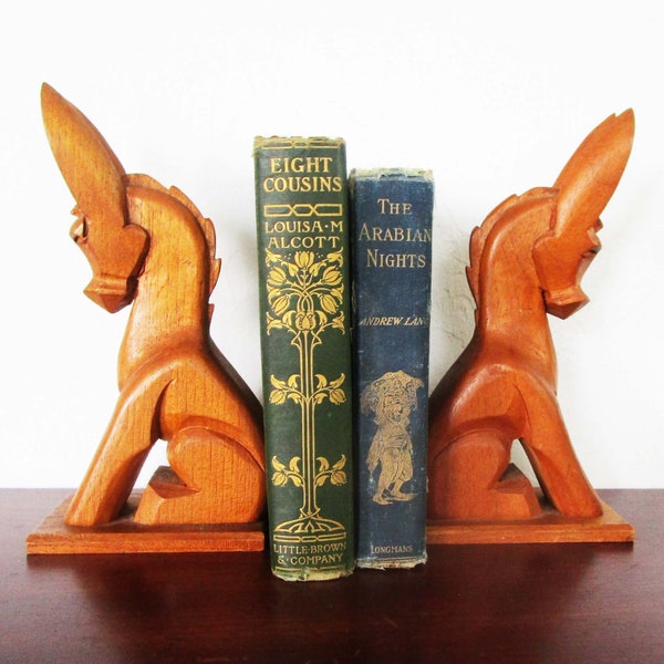 Pair Wood Bookends Donkey Burro Mule Hand Carved Mid Century Mexico Southwestern Decor
