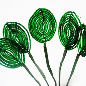 Vintage French Glass Beaded Green Leaves 5 Long Stem 9 inches