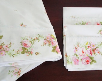 Juego de sábanas vintage Perma Prest de Sears, 4 piezas, ropa de cama individual plana y ajustable, 2 fundas de almohada, rosas rosas, floral, caramelo, núcleo cottage NOS