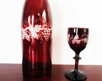 Antique Ruby Glass Wine Decanter Plus Small Sherry Glass Beautiful Etched Design Grapes Hand Blown Glass Gorgeous Victorian Era