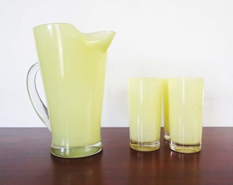 Mid Century 1950s Barware Set RARE Yellow Fused Glass Gold Spaghetti Design Pitcher and 4 Cocktail Glasses
