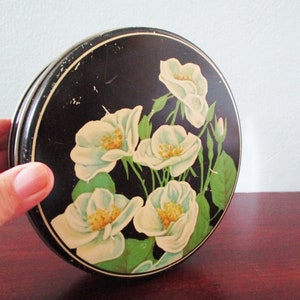 Vintage 1950s Tin Round Box, White Magnolias on Black 6", Storage for Office/Vanity, Floral Metal Trinket Box