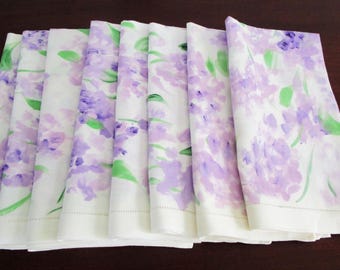 Set of 8 Linen Napkins Stunning Lilac Water Color Design on White NOS Fine Linens Vintage 19 in Square