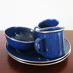 Blue Speckled Enamel Mugs Plates Bowl with Crome Accent, Enamelware, Camping Dishes, Patio Plates