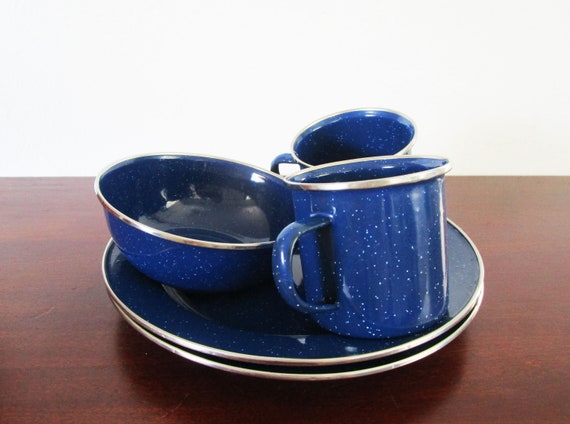 Blue Speckled Enamel Mugs Plates Bowl With Crome Accent