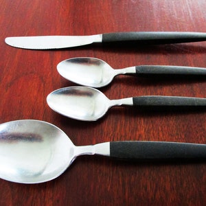 MODERN ELEGANCE Flatware by Stanley Roberts 4 PCS, Danish Modern 1960s Black Wood Composite, Mid Century Silverware