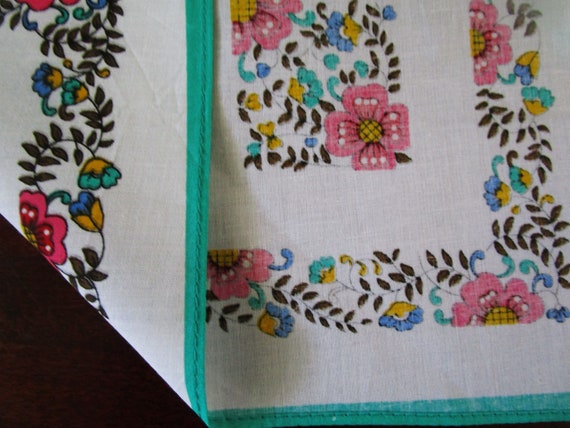 Pair Vintage Floral Handkerchief, Aqua w/Pink Flo… - image 6