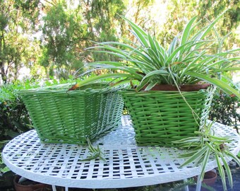 2 Green Wicker Woven Baskets Vintage Primitive with Original Paint Country Decor