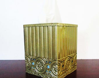 Boîte à mouchoirs dorée carrée, verticale, Hollywood Regency, salle de bain, chambre à coucher, décoration rétro du milieu du siècle