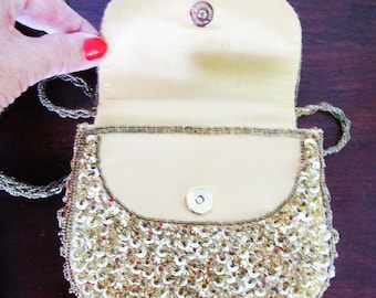 La Regale Purse Gold Sequins Beads 16” Shoulder Chain Evening Bag Clutch