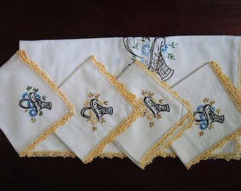 Luncheon Table Cloth and Napkins Embroidered Flower Basket Crocheted Edging, Garden Party, Housewarming gift, Tea party.