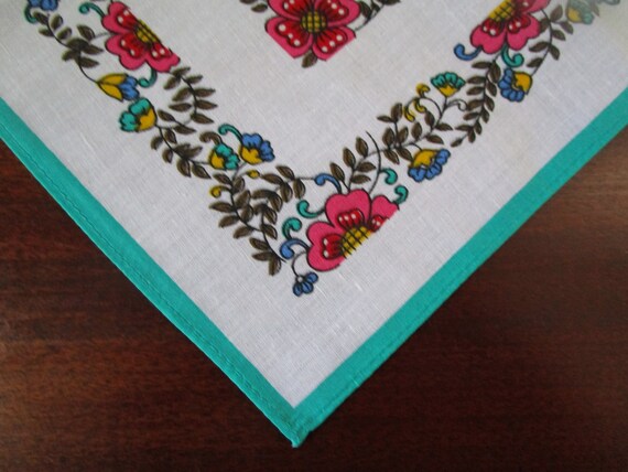 Pair Vintage Floral Handkerchief, Aqua w/Pink Flo… - image 3