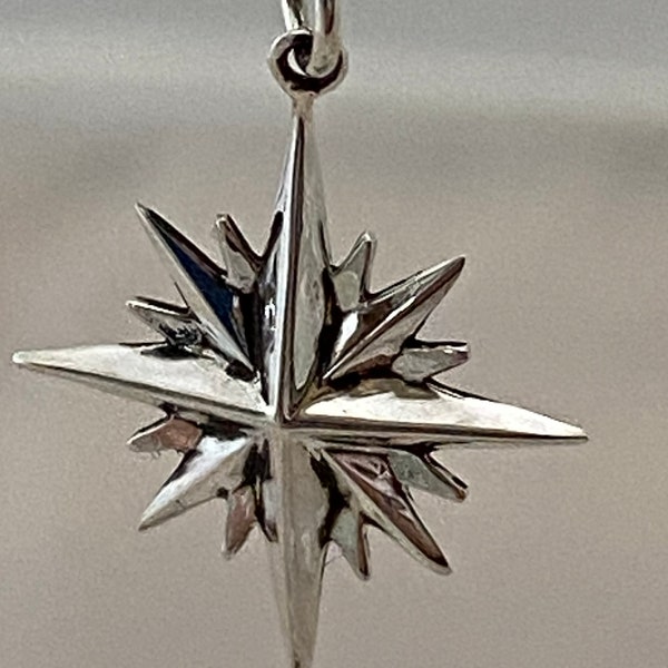 925 Sterling Silver North Star Charm with 16 points, Holiday, Winter, Bracelet, Necklace, Boxed! New!