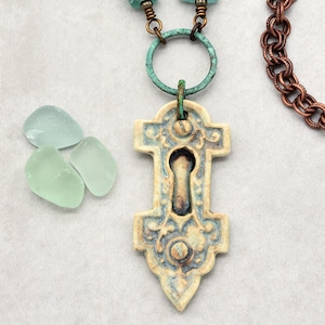Verdigris Roman Glass Necklace, Artisan Porcelain Pendant, Beach Stone Jewelry