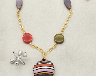 Handmade Ceramic Focal Necklace, Geometric Tagua Nut, Czech Glass, Gold Plated Chain