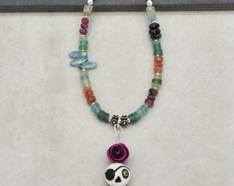 Artisan Pirate Sugar Skull Necklace, Roman Glass, Sterling Silver, Pink Tourmaline