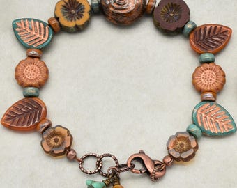 Handmade Beaded Bracelet, Earth Tone Czech Glass, Antique Copper Clasp