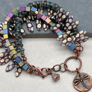Handmade Dragonfly Charm Beaded Bracelet, Peacock Ore, Czech Glass