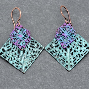 Gypsy Filigree Handmade Dangle Earrings, Artisan Turquoise Patinated Filigree.