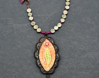 Handmade Ceramic Focal Necklace, Golden Mica, Czech Glass
