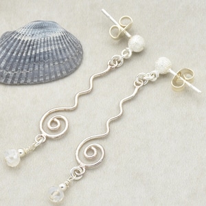 Moonstruck Handmade Dangle Earrings, Modern Sterling Silver links, Rainbow Moonstone