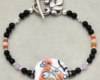 Lampwork Focal Bracelet, Black Onyx, Sterling Silver Leaf Toggle