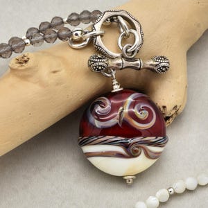Ruby Red Lampwork Glass Necklace, Smoky Quartz, Sterling Silver Toggle