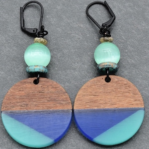 Shades of Blue Dangle Handmade Earrings, Bright Selenite, Wood Resin Charms.