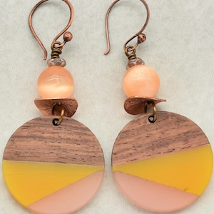 Mango and Peach Dangle Handmade Earrings, Bright Selenite, Wood Resin Charms.