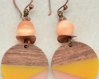 Mango and Peach Dangle Handmade Earrings, Bright Selenite, Wood Resin Charms.