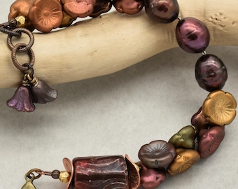 Handmade Raku Bracelet, Freshwater Pearls, Czech Glass Flowers