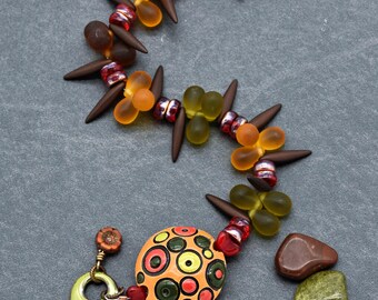 Handmade Beaded Bracelet, Artisan Ceramic Focal, Czech Glass, Antique Brass Clasp