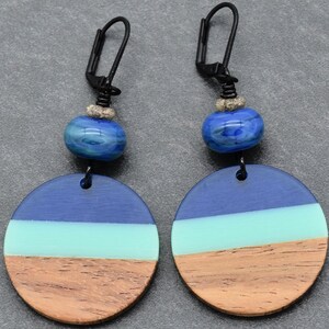 Ocean Blue Dangle Handmade Earrings, Artisan Lampwork Glass, Wood Resin Charms.