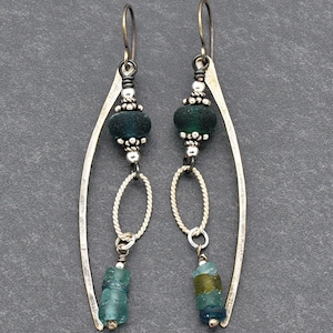 Roman Glass Dangle Earrings, Artisan Lampwork, Sterling Silver