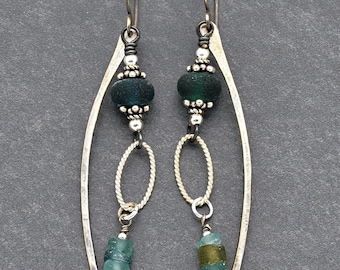 Roman Glass Dangle Earrings, Artisan Lampwork, Sterling Silver