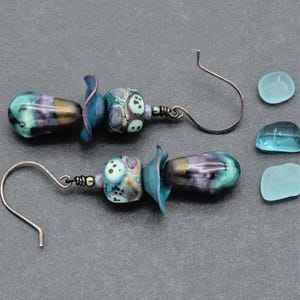 Aqua Violet Dangle Earrings, Lampwork Glass, Oxidized Sterling Silver