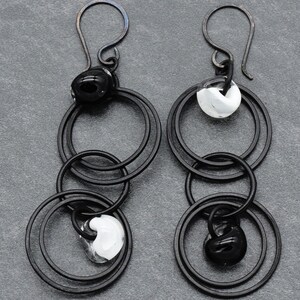 Elegant Black and White Handmade Dangle Earrings, Lampwork Teardrops, Blackened Copper, Asymmetrical