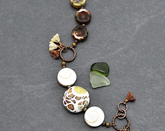 Handmade Beaded Bracelet, Artisan Polymer Clay Giraffe, Czech Glass Flowers
